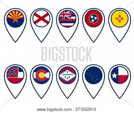 Detailed And Accurate Illustration Of Flags Of The United States In Locator Pins