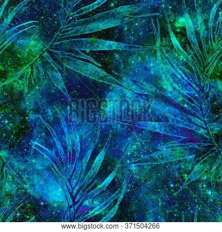Exotic Seamless Pattern. Green Cosmic Background. Fashion Hand Drawn Texture. Exotic Seamless Patter