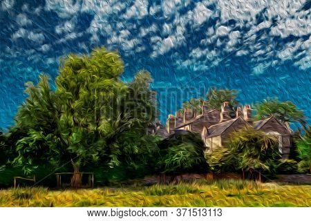 Bucolic Landscape Of Townhouse And Trees In A Sunny Summer Day Of Cambridge. A Beautiful And Peacefu
