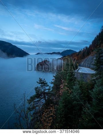 Autumn Morning At Sylvenstein Reservoir In Bavaria With Lots Of Fog