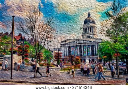 Square With Pedestrians And The Council House On Background, In A Bucolic Summer Day At Nottingham. 