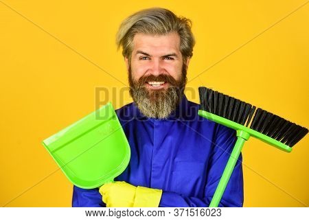 Where Have You Been. Husband Cleaning House. Housework And Domestic Duty. Male Janitor With Cleaning