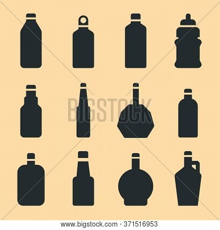 Various Glass Bottle Icon Set. For Drinks, Water, Soda, Wine, Alcohol, Beverages