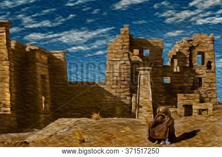 Egyptian Man Sitting In Front Of Ruins From An Ancient Temple At The Tebas Necropolis Near Luxor. An
