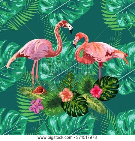 Trendy Seamless Pattern Pink Flamingo Birds Couple. Bright Camelia Flowers. Tropical Monstera Philod