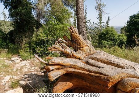 Jerusalem, Israel, June 13, 2020 : A Fallen Tree With A Bird Carved On The Trunk In The Totem Park I