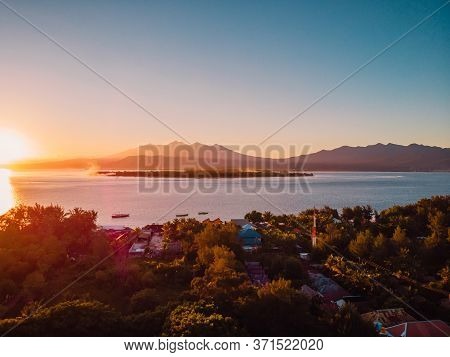 Aerial View With Sunrise At Gili Islands And Ocean. Gili Meno, Gili Air And Lombok