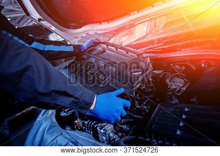 Repairing Engine At Service Station. Car Repair.