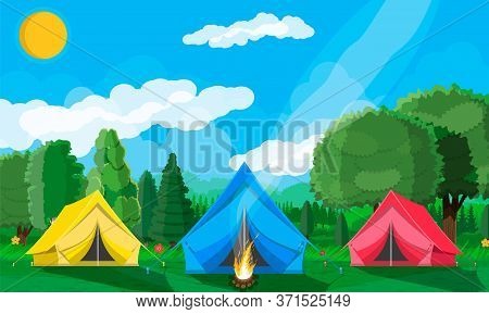 Meadow With Grass And Camping. Tents And Campfire. Summer Landscape Concept. Green Forest And Blue S