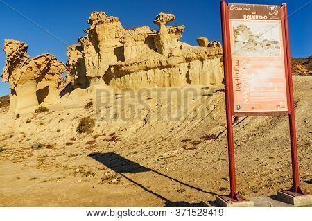 Bolnuevo, Spain - March 15, 2019: The Enchanted City Of Bolnuevo, Eroded Yellow Sandstone Formations