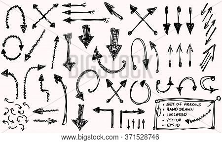 Hand Drawn Doodle Arrow Vector Set. Isolated Scribble Pointer Collection. Simple Black White Line Ar