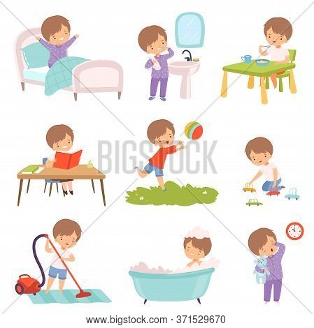 Preschool Kid Daily Routine Activities Set, Cute Boy Waking Up, Brushing Teeth, Eating Breakfast, Re