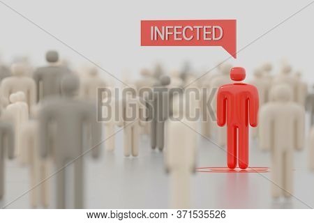 Infected Person Amid A Large Crowd In A Public Space. Digital 3d Render Concept.