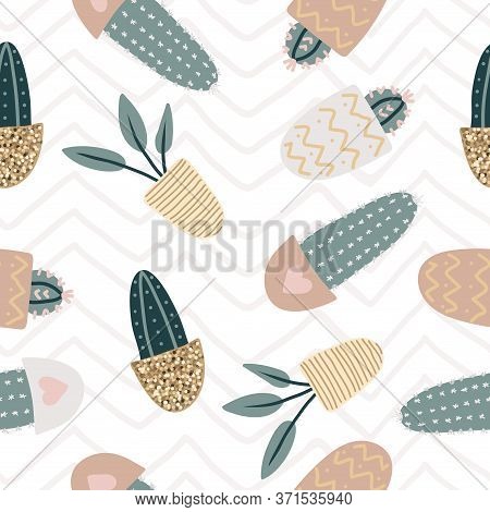 Seamless Pattern With Decorative Houseplants. Trendy Plants Growing In Pots. Set Of Beautiful Natura