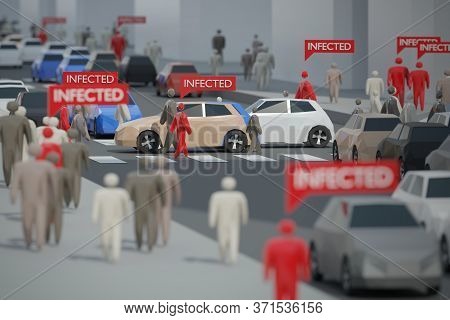 Infected Person Amid A Large Crowd In A Public Space. Digital 3d Render Concept.