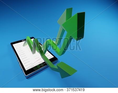 Stock Market Gains Using A Mobile Device. Green Arrows Rising From A Smartphone. Concept Background 