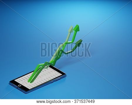 Stock Market Gains Using A Mobile Device. Green Arrows Rising From A Smartphone. Concept Background 