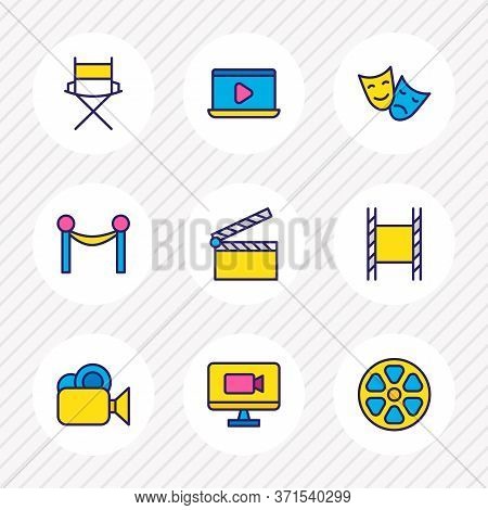 Vector Illustration Of 9 Cinema Icons Colored Line. Editable Set Of Movie On Laptop, Comedy With Tra