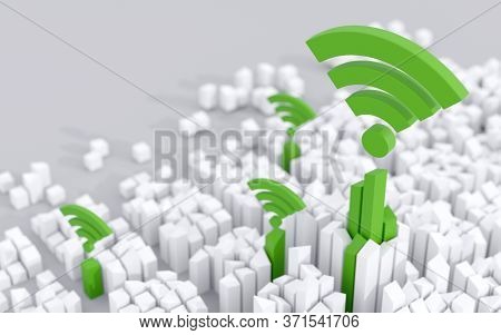 Wireless connectivity in urban environment. Modern, smart city concept. Digital 3D render.