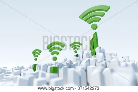 Wireless Connectivity In Urban Environment. Modern, Smart City Concept. Digital 3d Render.