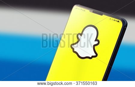 Kyiv, Ukraine-june, 2020: Snapchat. Studio Shot Of Smart Phone With Snapchat Mobile Application On B