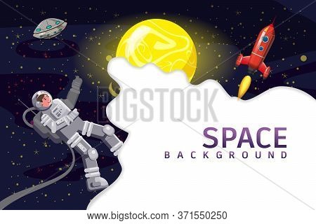 Space Card Background With Spaceman, Rocket, Ufo, Sun, Stars. Austronaut Panoramic Space Template. B