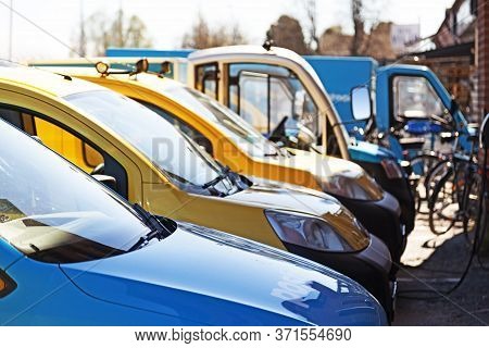 Umea, Norrland Sweden - June 3, 2020: Lots Of Mail Cars In Line Waiting To Be Used