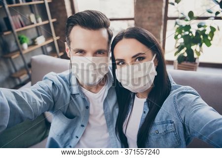 Close Up Photo Of Two People Spouses Make Selfie Blogging Healthcare Cov Infection Epidemic Protecti