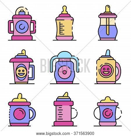Sippy Cup Icons Set. Outline Set Of Sippy Cup Vector Icons Thin Line Color Flat Isolated On White