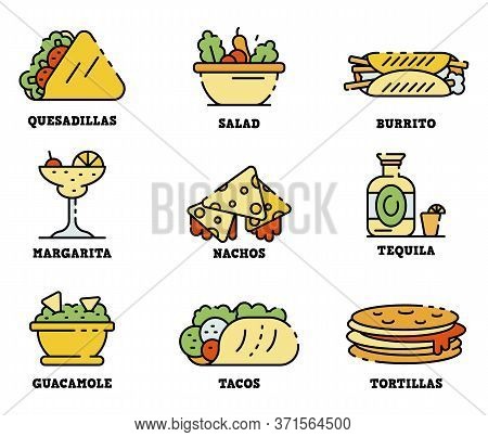 Mexican Food Icons Set. Outline Set Of Mexican Food Vector Icons Thin Line Color Flat Isolated On Wh