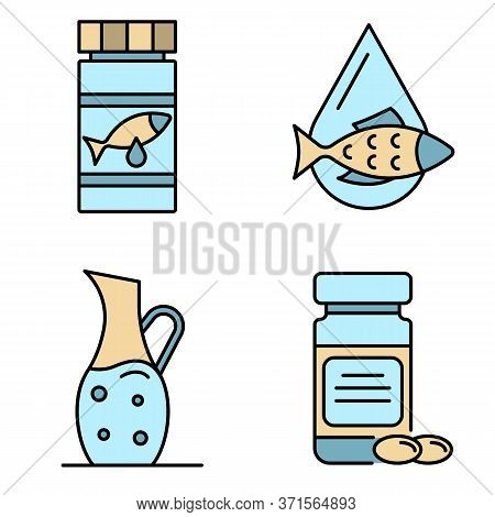 Fish Oil Icons Set. Outline Set Of Fish Oil Vector Icons Thin Line Color Flat Isolated On White