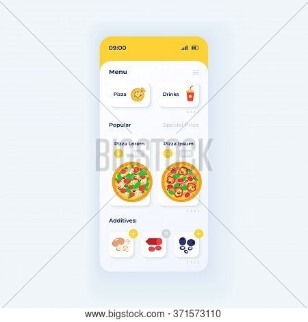 Pizza Ordering App Smartphone Interface Vector Template. Mobile App Page Light Theme Design Layout. 