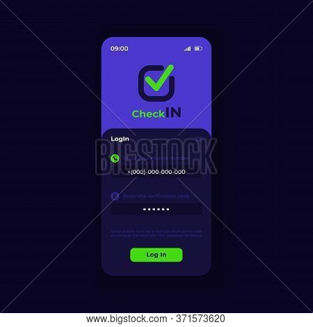 Self Check In App Smartphone Interface Vector Template. Mobile App Page Night Theme Design Layout. U