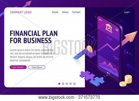 Financial Plan Isometric Landing Page. Mobile Phone Application With Growing Bonds Investment Graphi