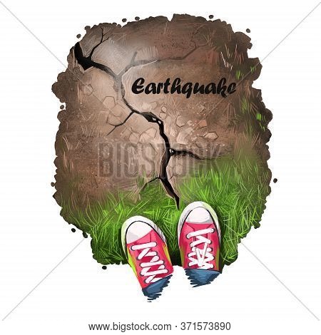 Earthquake Digital Art Illustration Of Natural Disaster. Man Shoes Stand On Cracked Soil, Damaged Ro