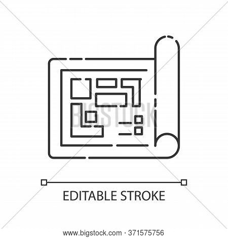 Blueprint Pixel Perfect Linear Icon. Architect Floor Plan. Construction Project Structure. Thin Line