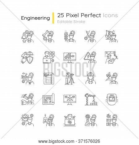 Civil Engineering Pixel Perfect Linear Icons Set. Professional Female Architect. Male Contractor. Cu