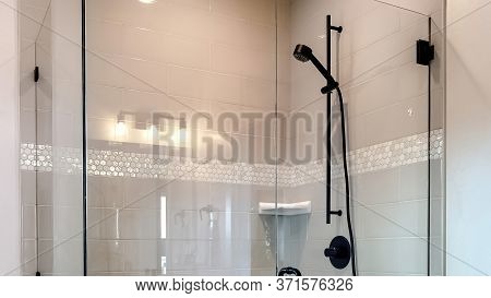Panorama Shower Stall With Half Glass Enclosure And Black Shower Head And Handle