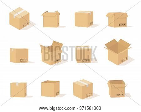 Carton Boxes. Opened And Closed Beige Cardboard Box, Packaging For Delivery And Storage, Online Ship