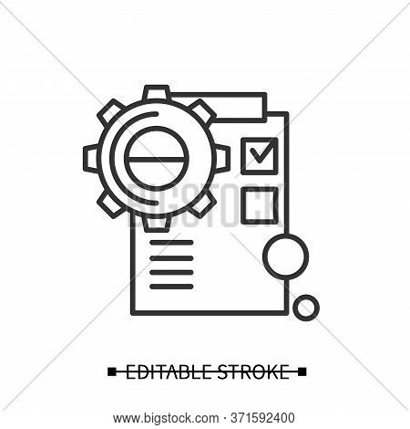 Product Implementation Icon. Gear Line Pictogram With Checklist. Concept Of Creative Product Applica