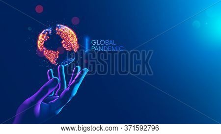 Global Pandemic Concept. Red Dots Show Nidus Of Infection On Continents Of Earth Hanging Over Hand M