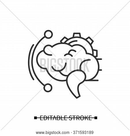 Brainstorming Icon. Effective Brain With Gear Linear Pictogram. Creative Art Idea Production And Thi