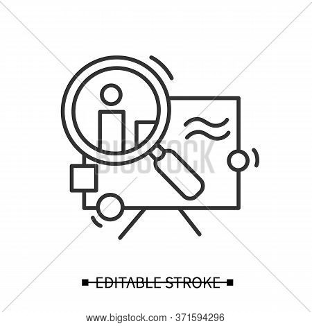 Research Icon. Magnifier Over Data Linear Pictogram Concept Of Project Design, Product Analytics And