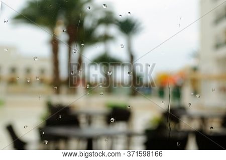 Raining Drop On Glass With Palm Tree Background.