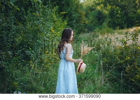 Beautiful Girl In A White Dress With A Bouquet Of Dried Flowers. Young Woman In A Green Park. Girl I