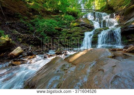 Carpathian Waterfall Shypot In The Morning. Beautiful Nature Scenery. Popular Tourist Attraction