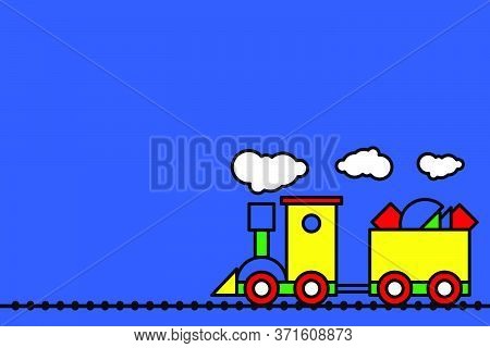 Train And Wagon On Railway Illustration Isolated On Blue Background. Vector Illustration For Childre