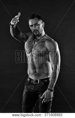 Brutal And Sexy. Muscular Bodybuilder With Body Tattoo. Athletic Male Show Six Packs On Torso. Fitne