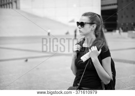 Traveling To Meet Yourself. Sexy Girl Travel Over City. Sensual Woman Enjoy Traveling. Landmarks And