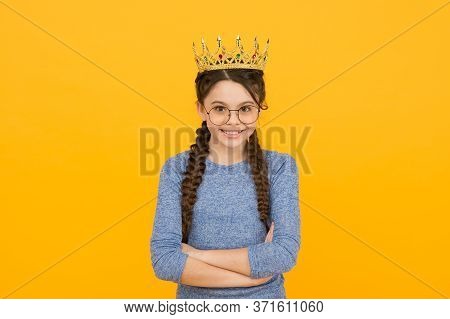 Royal Education. Cute Adorable Girl In Glasses. Princess Concept. Happy Smiling Princess. Excellent 